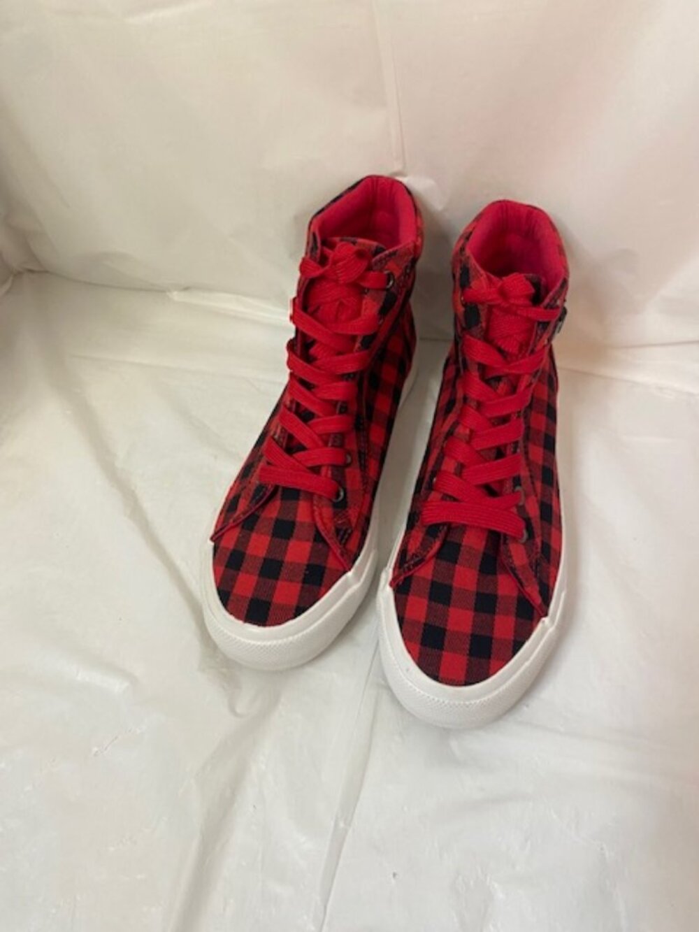Olivia Miller Women's High-Top Canvas Sneakers Red Black Buffalo Plaid Size 7